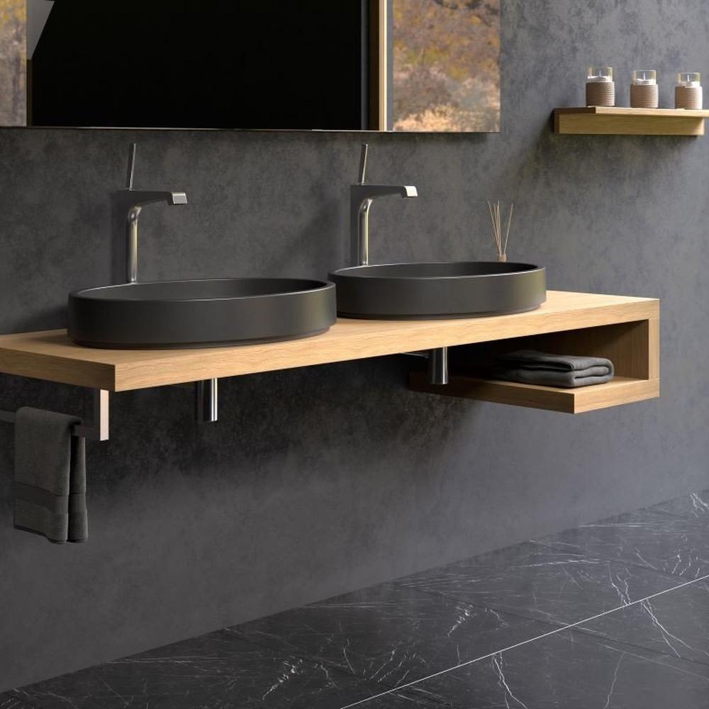 Charming bathroom design featuring a classic-inspired wooden vanity with two integrated sinks.