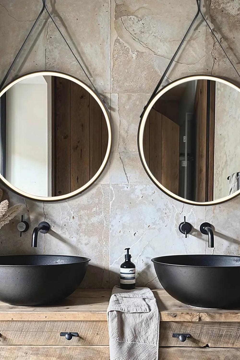Stylish bathroom featuring two round black mirrors hung with industrial-style brackets.