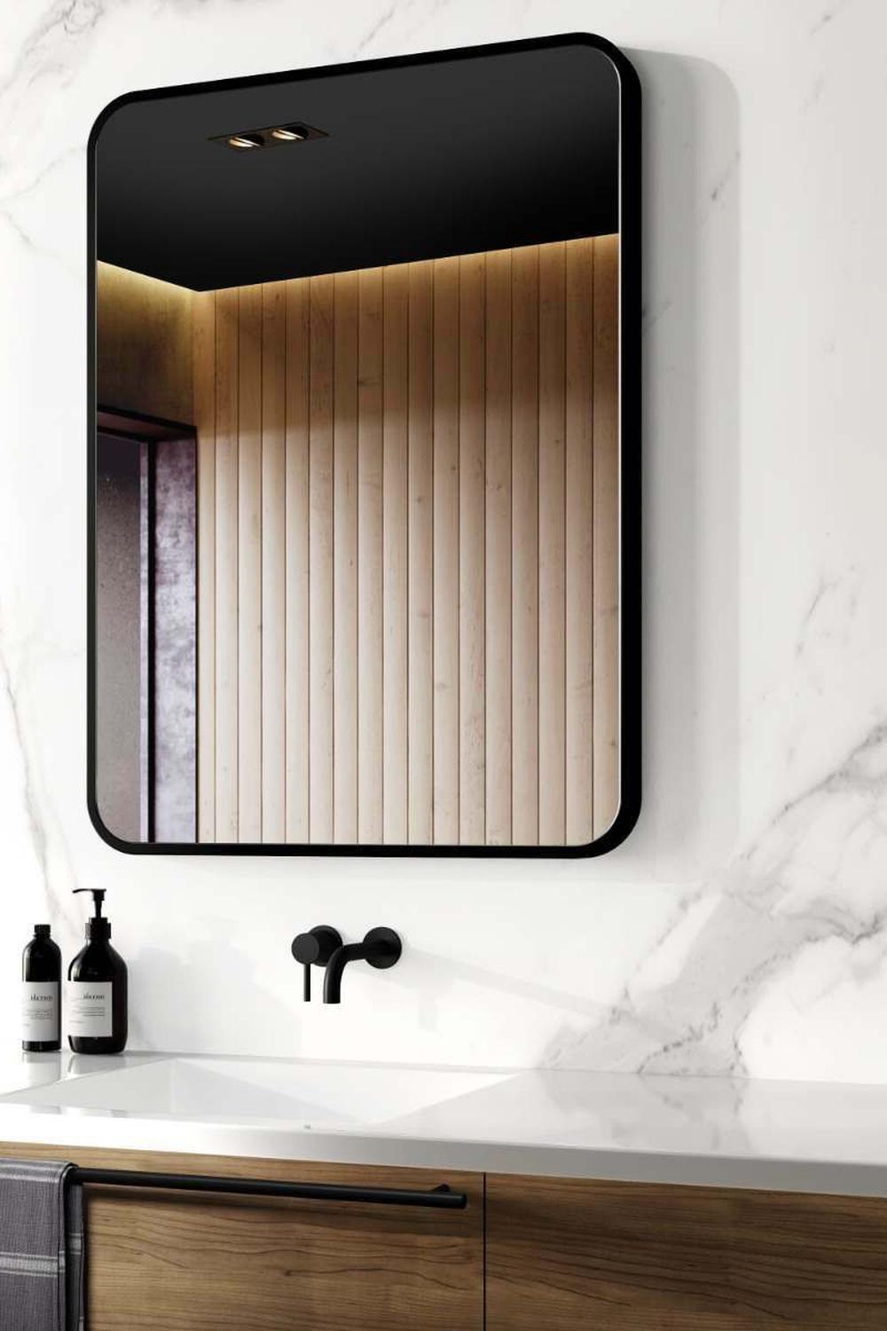 Sleek black bathroom mirror with integrated LED lighting.
