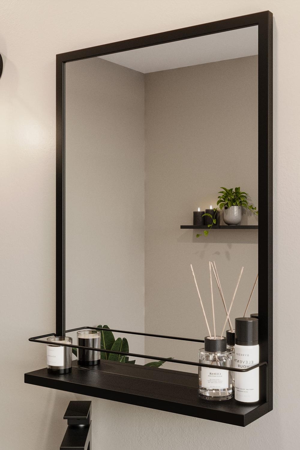 Modern black mirror framed with open shelves.