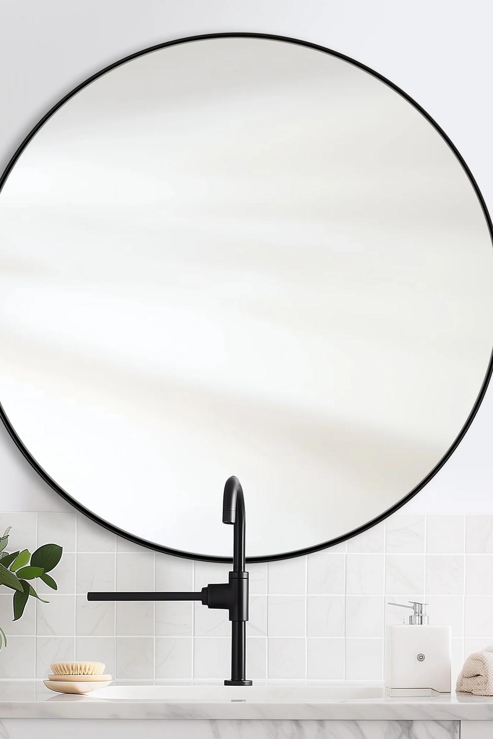 Sleek modern round black bathroom mirror elevating decor charm.