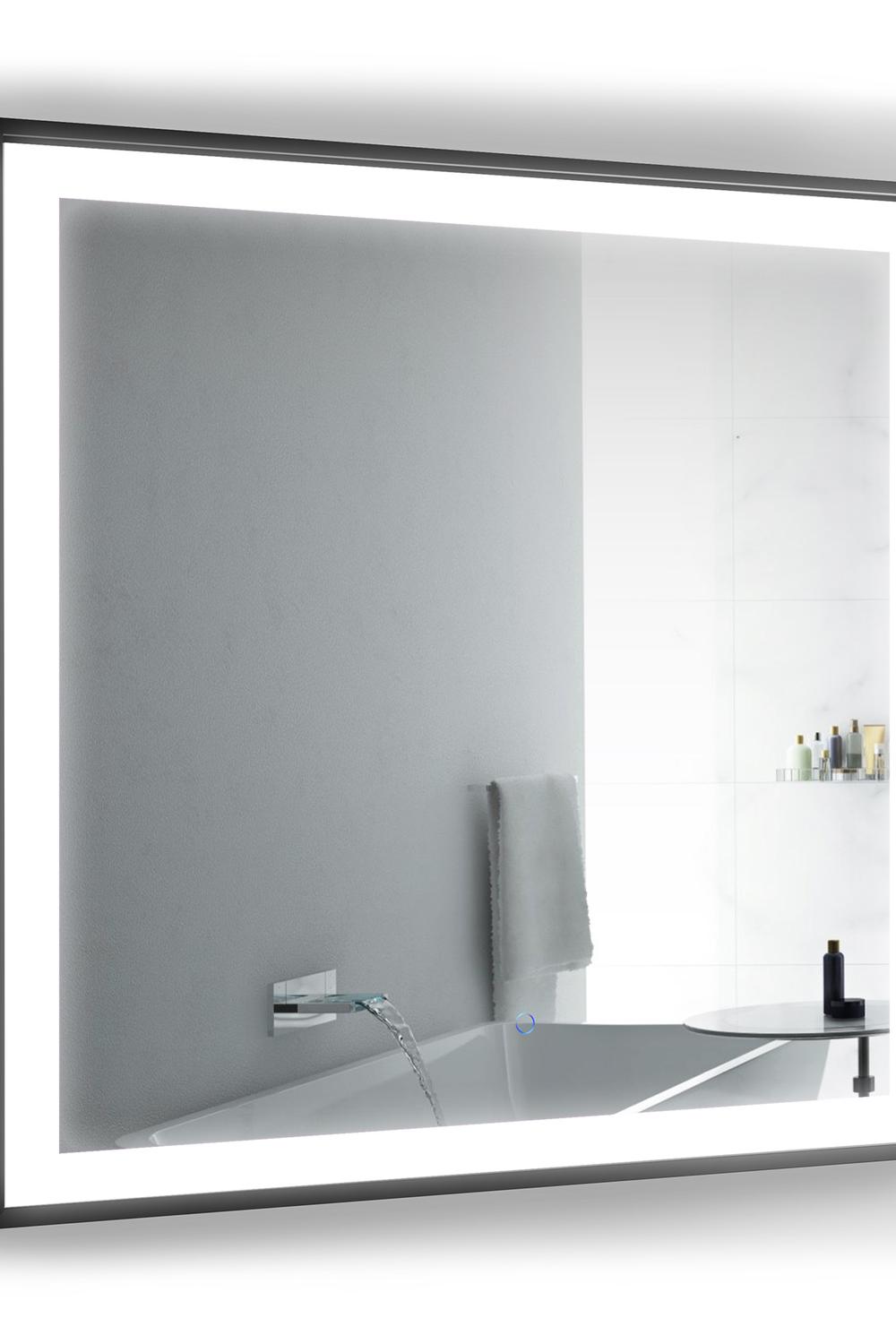 Luminous black bathroom mirror glowing against a textured wall.