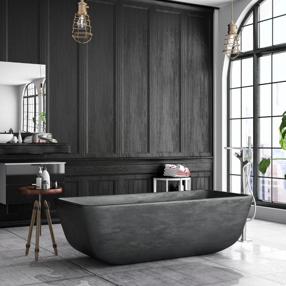 Sleek modern bathroom with a matte black bathtub, dark wood panels, and industrial pendant lights.