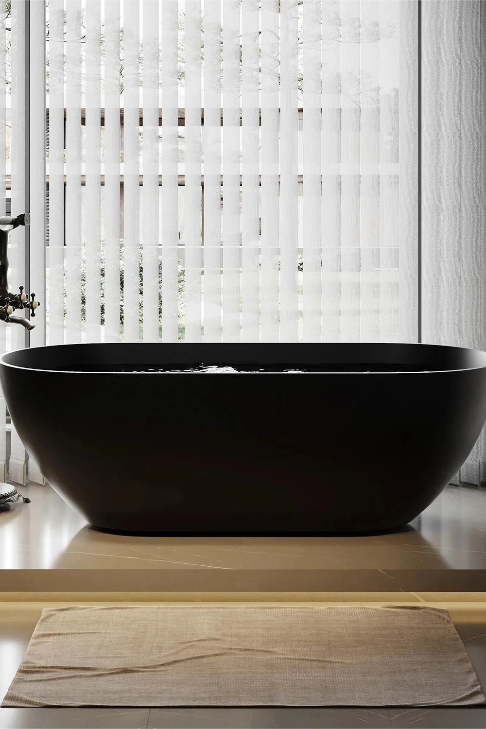 Inviting bathroom featuring a high-gloss black bathtub, tiled flooring, and decorative accessories.