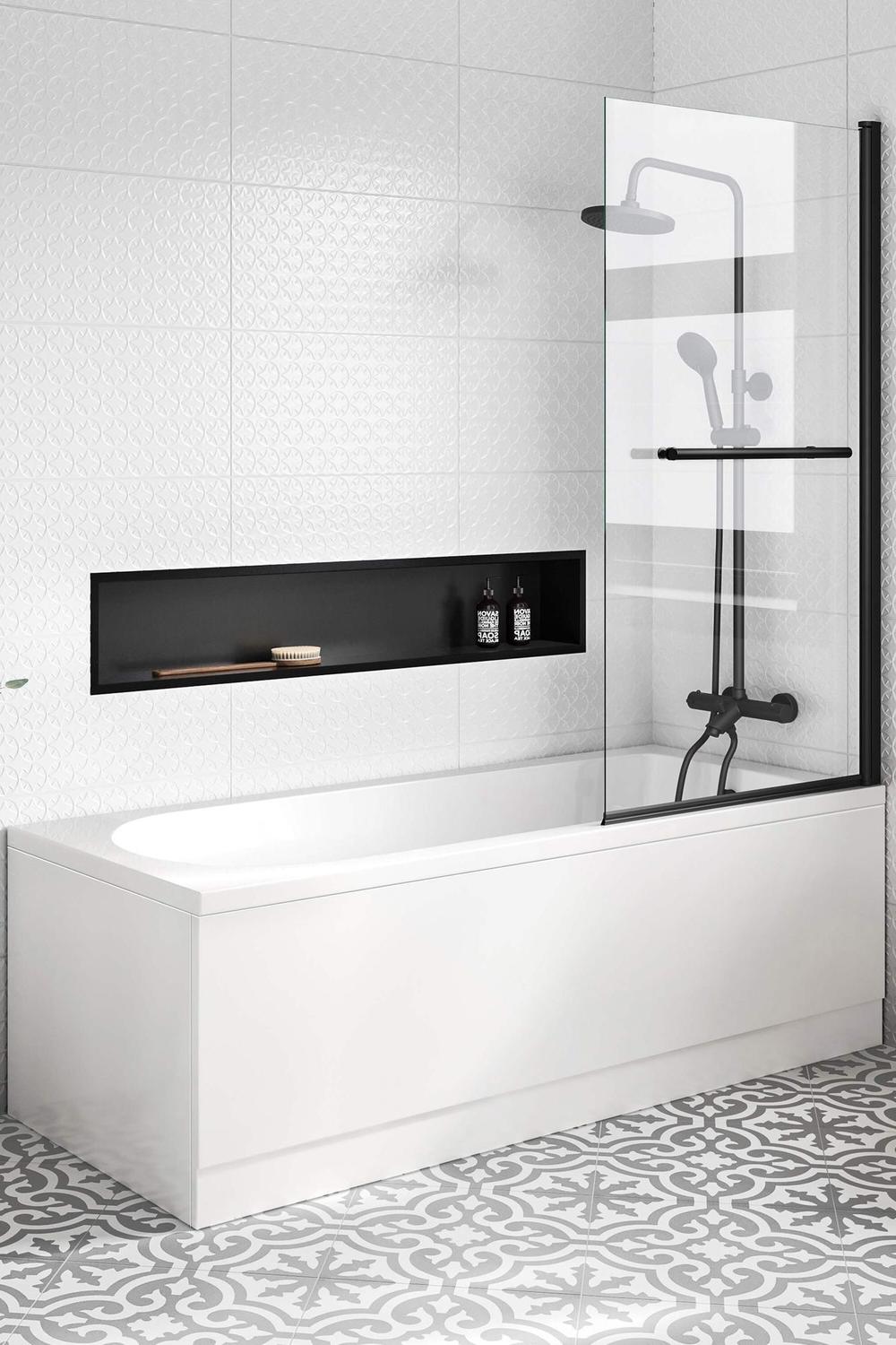 Modern black bathtub paired with a built-in shower and glossy white tiles.