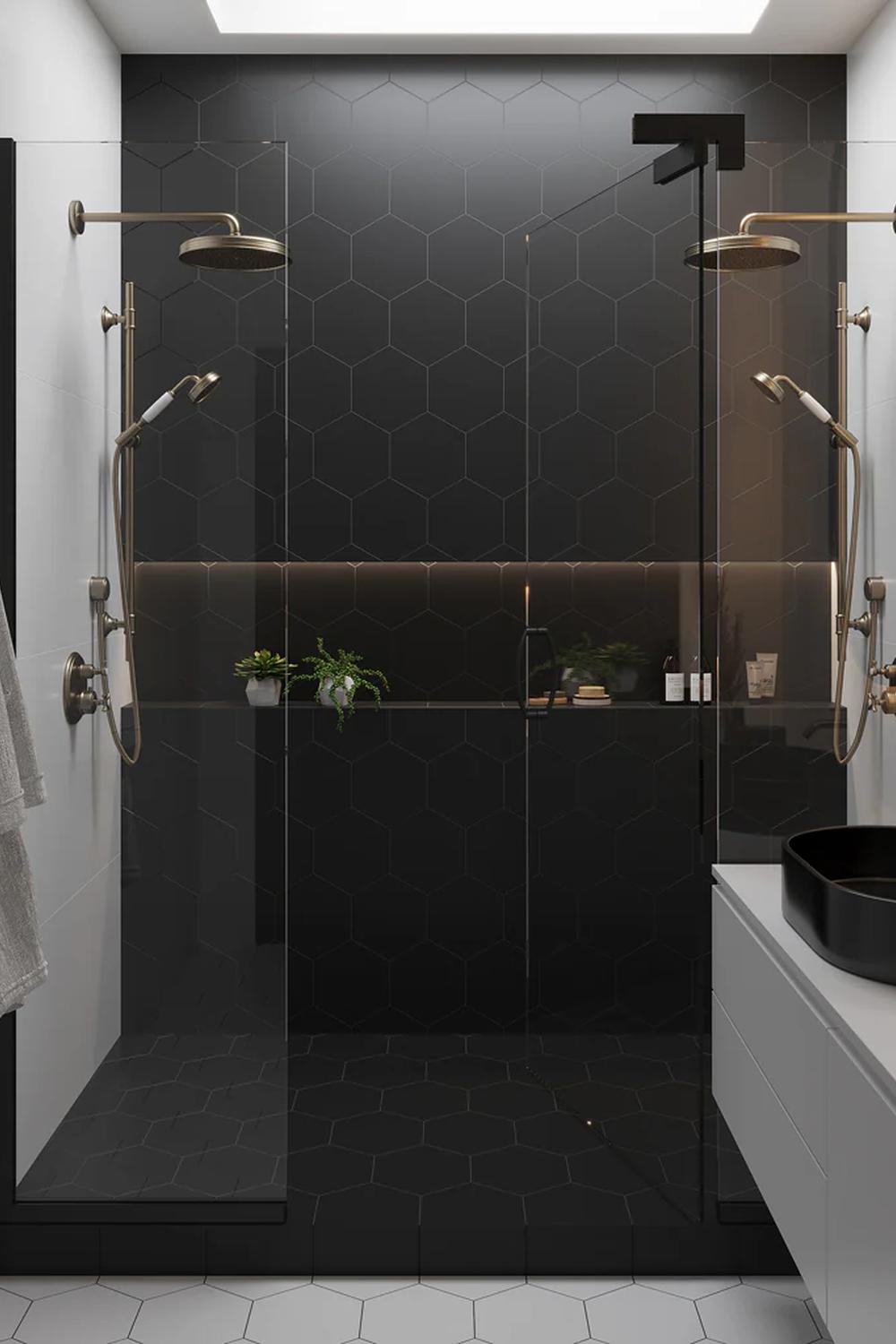 Baño moderno con azulejos hexagonales en paredes y ducha de cristal