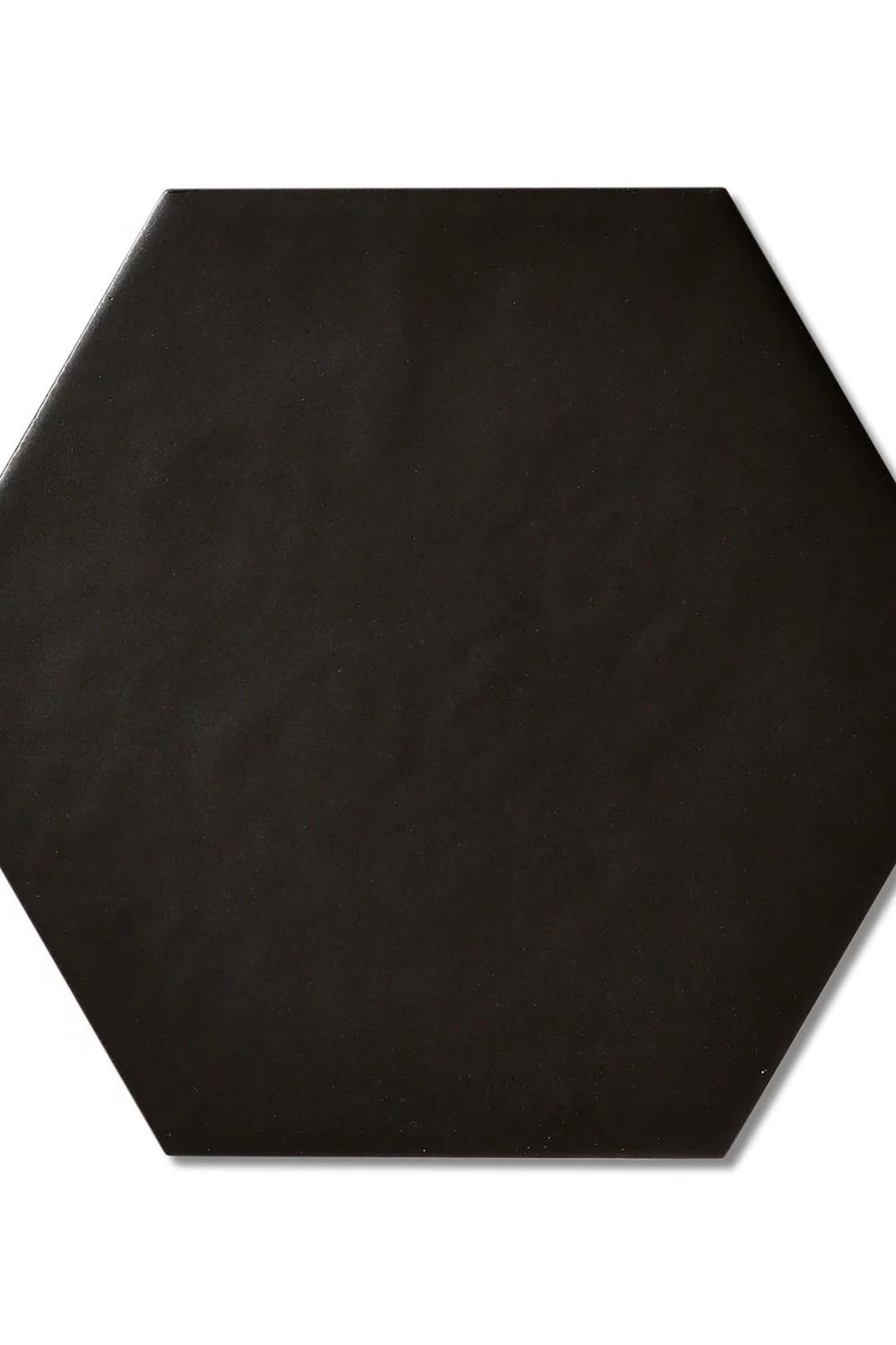 Entryway decorated with black hexagon tiles for a chic entrance.