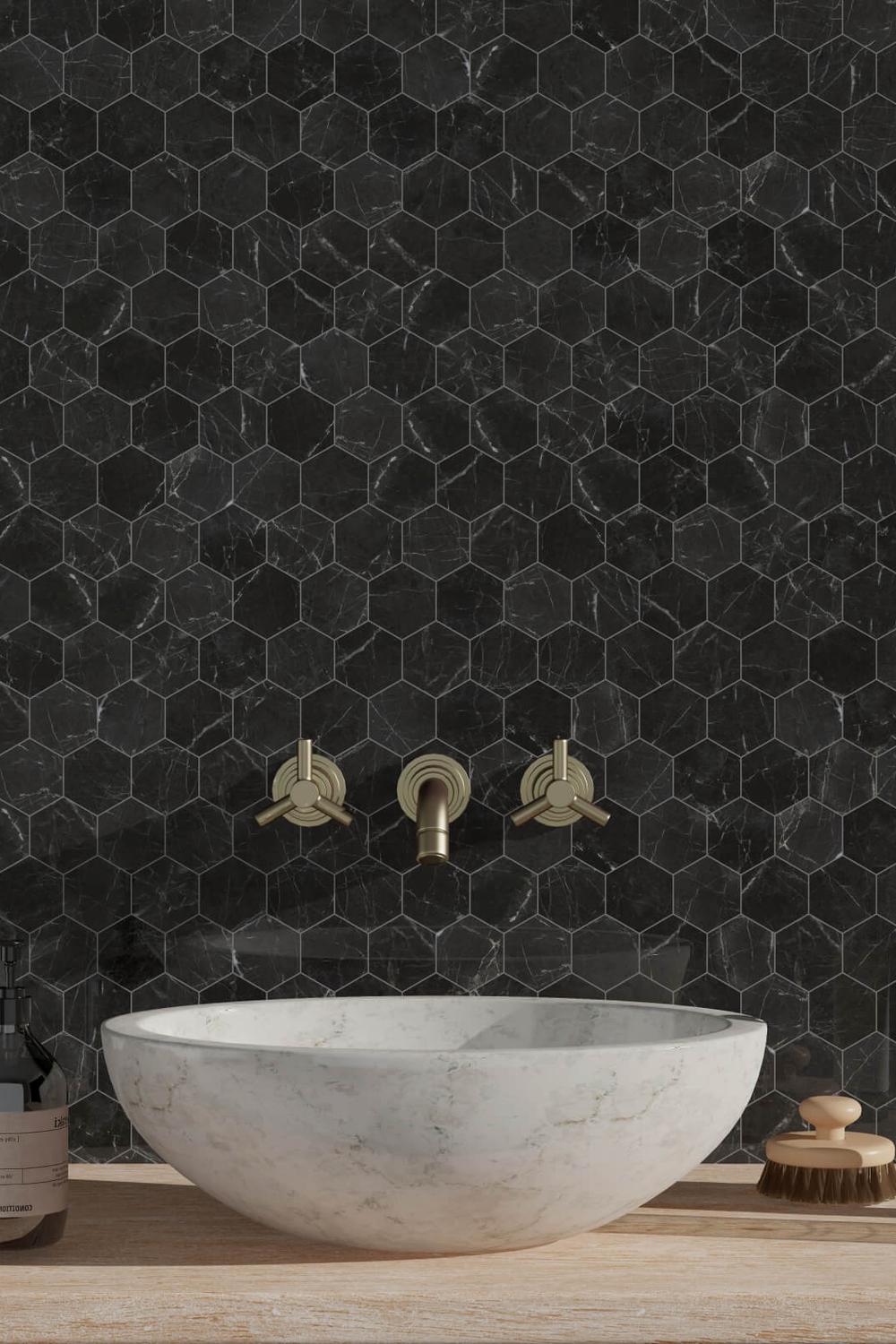 Accent piece featuring black hexagon tiles for bold decor.