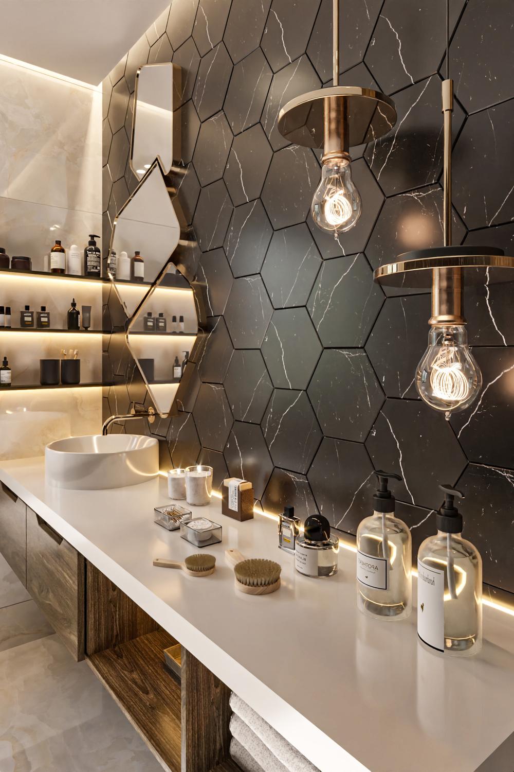 Bathroom showcasing black hexagon tiles combined with earthy tones for a grounded look.