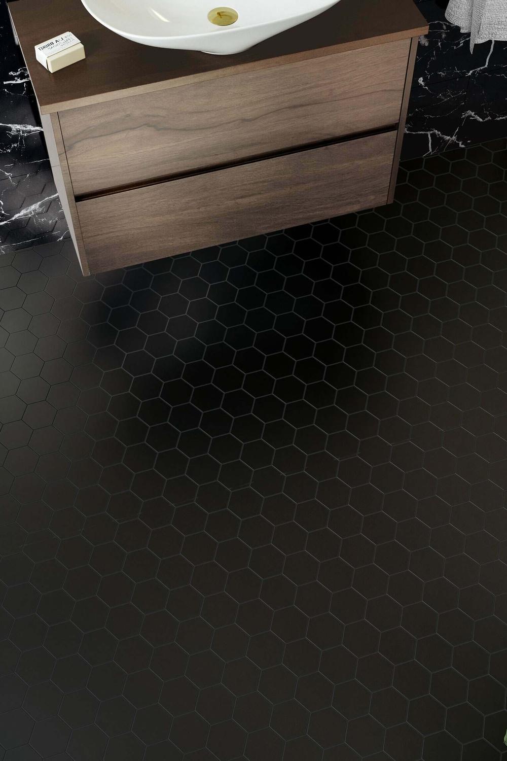 Architectural features highlighted by black hexagon tiles.