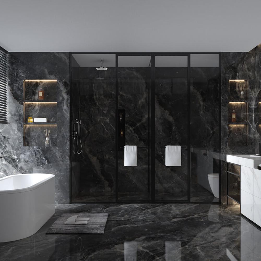 Baño moderno con mármol negro y texturas sutiles