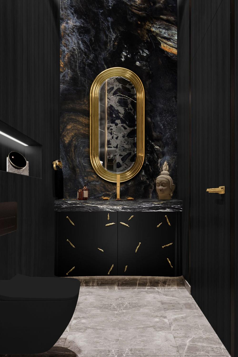 Elegancia contemporánea con mármol negro en el baño