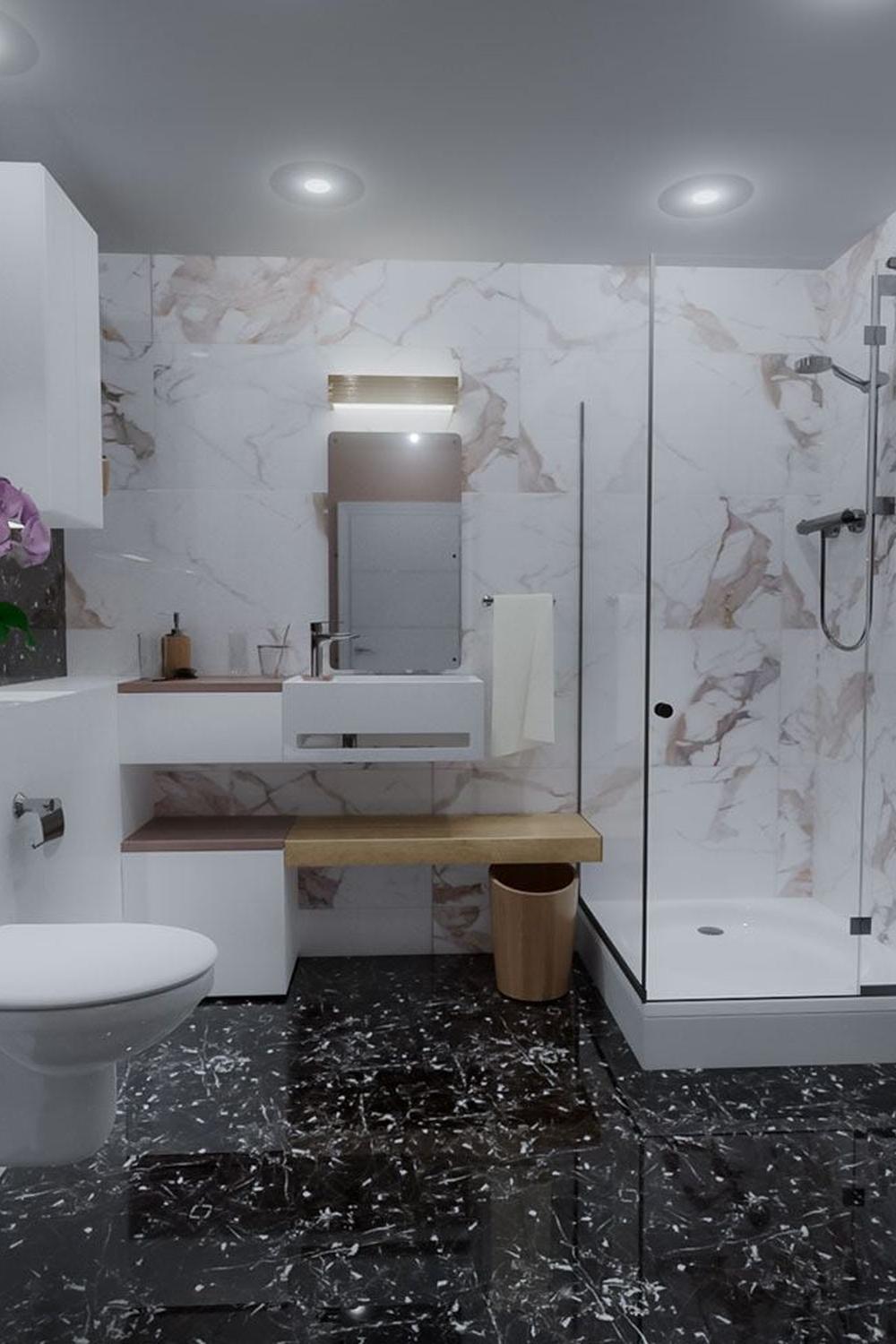 Baño contemporáneo con azulejos de mármol negro y diseño minimalista