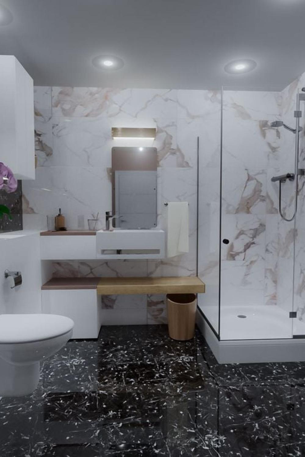 Baño minimalista y elegante con mármol negro