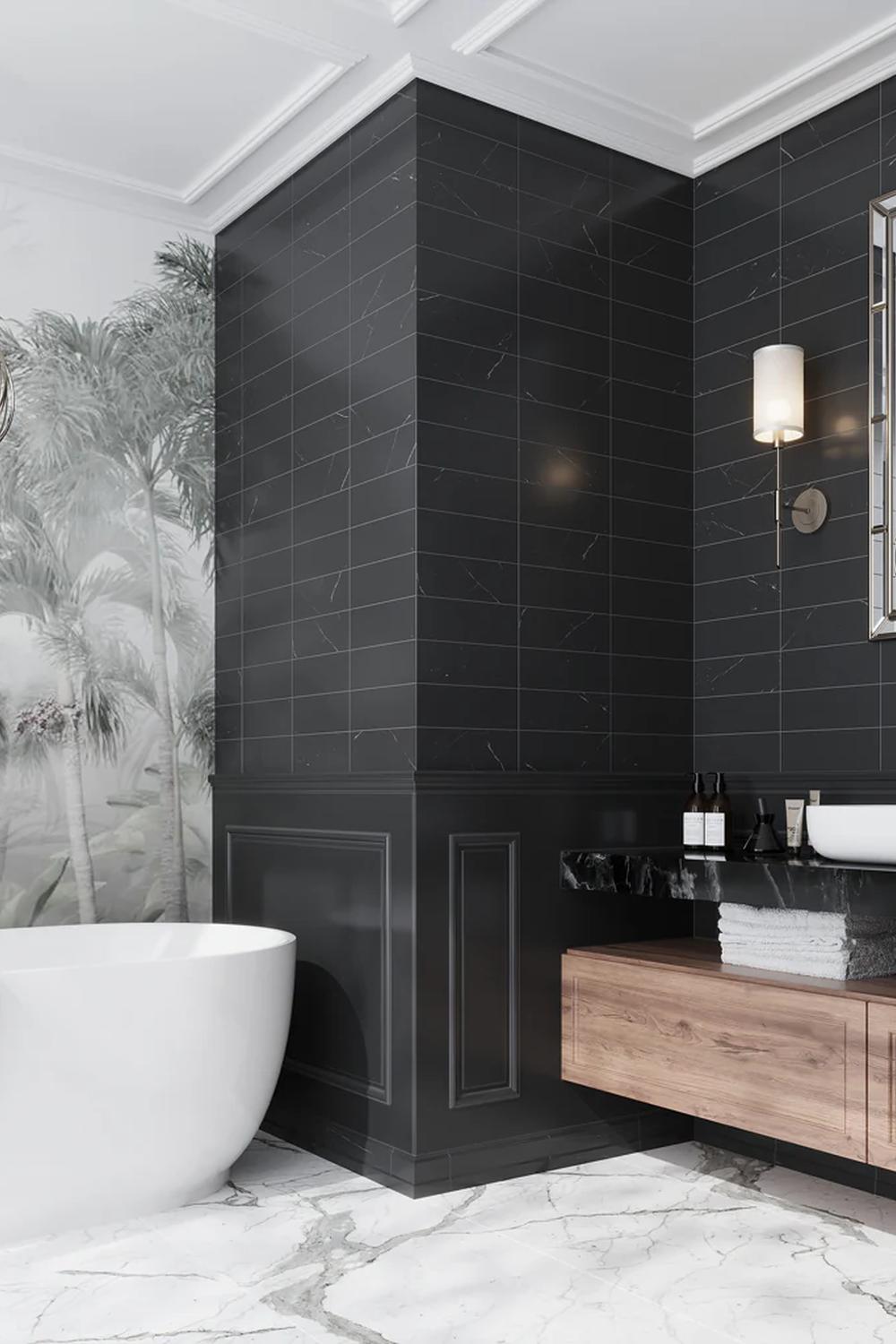 Baño moderno con mármol negro y elementos de luz