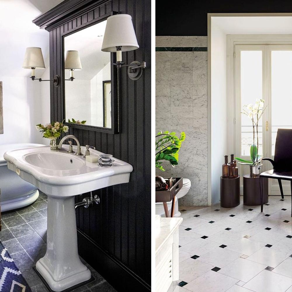 Baño en blanco y negro con rincones acogedores