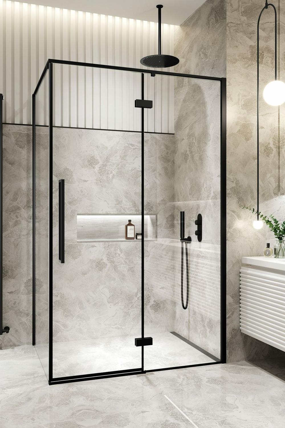 Baño sofisticado con ducha negra y acabados en piedra