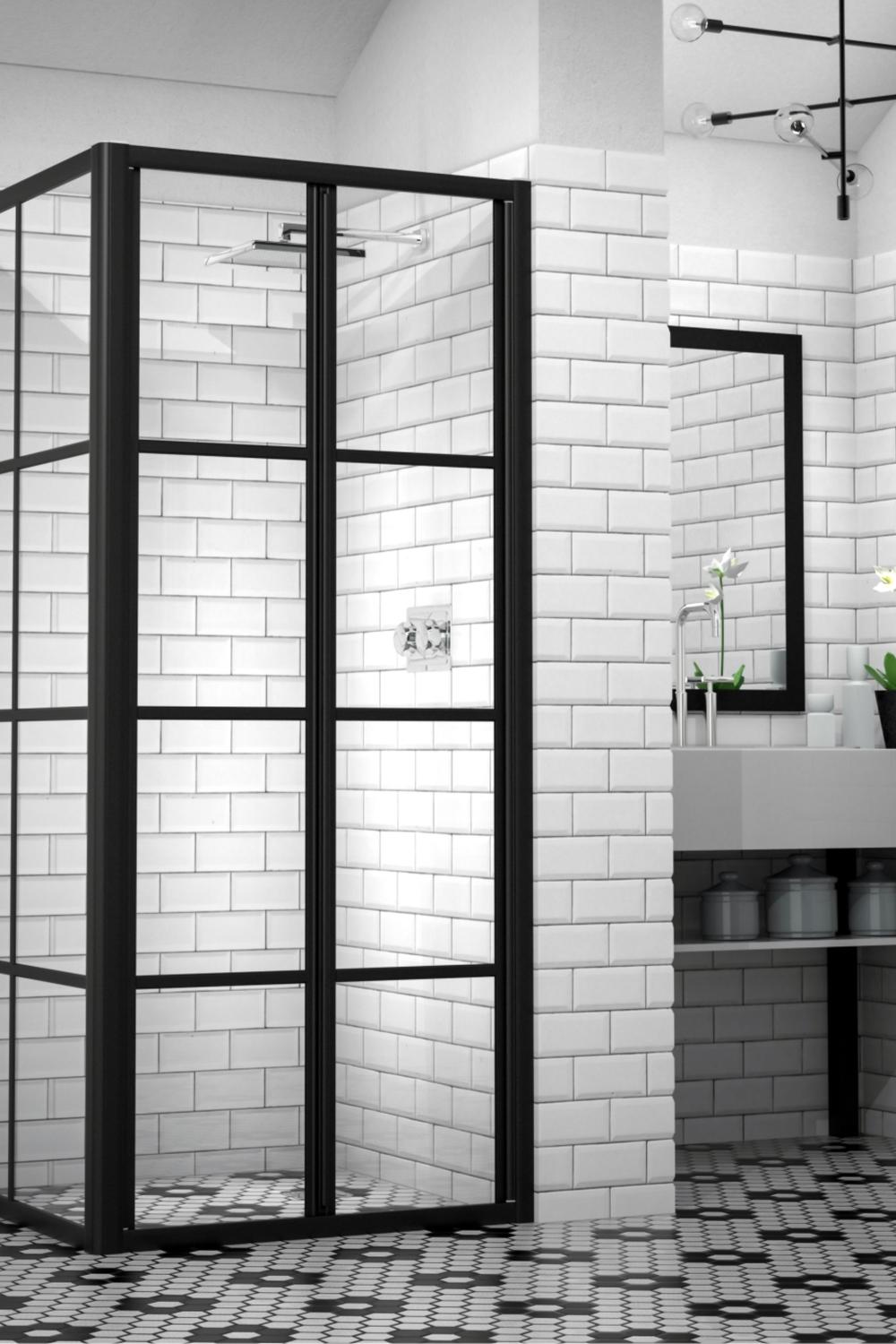 Ducha negra contemporánea con espejos