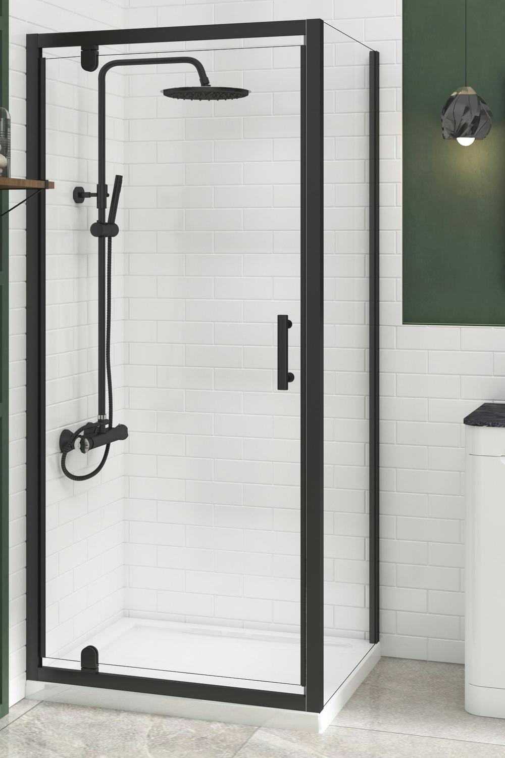 A modern shower design featuring striking black shower doors that enhance the overall aesthetic