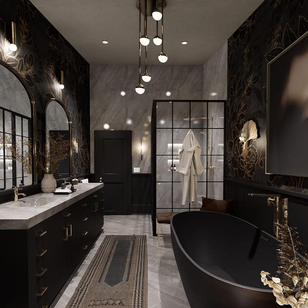 Luxurious bathroom with a mixed black and gray color palette.