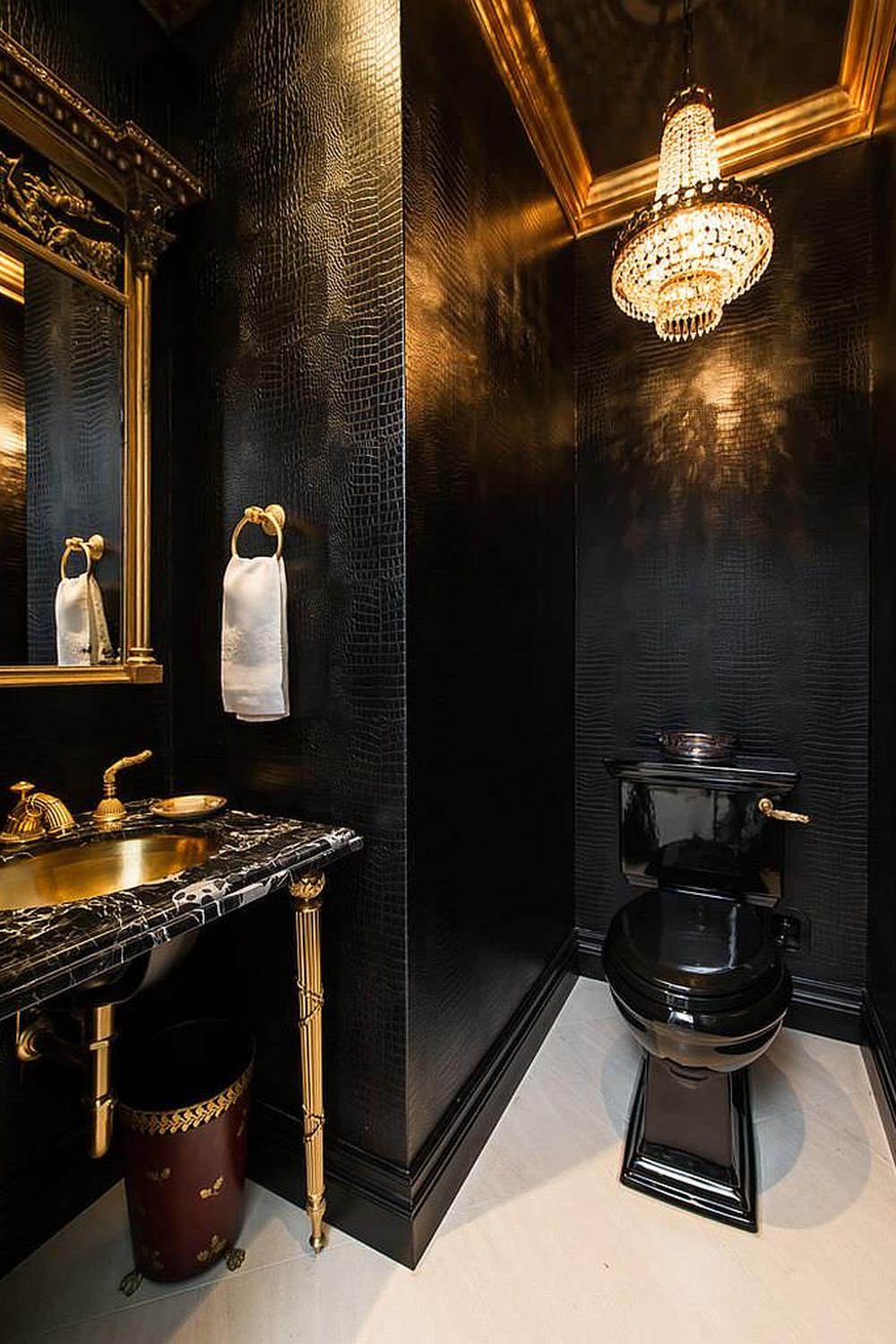 Luxurious black-themed bathroom with crocodile skin textured wallpaper.