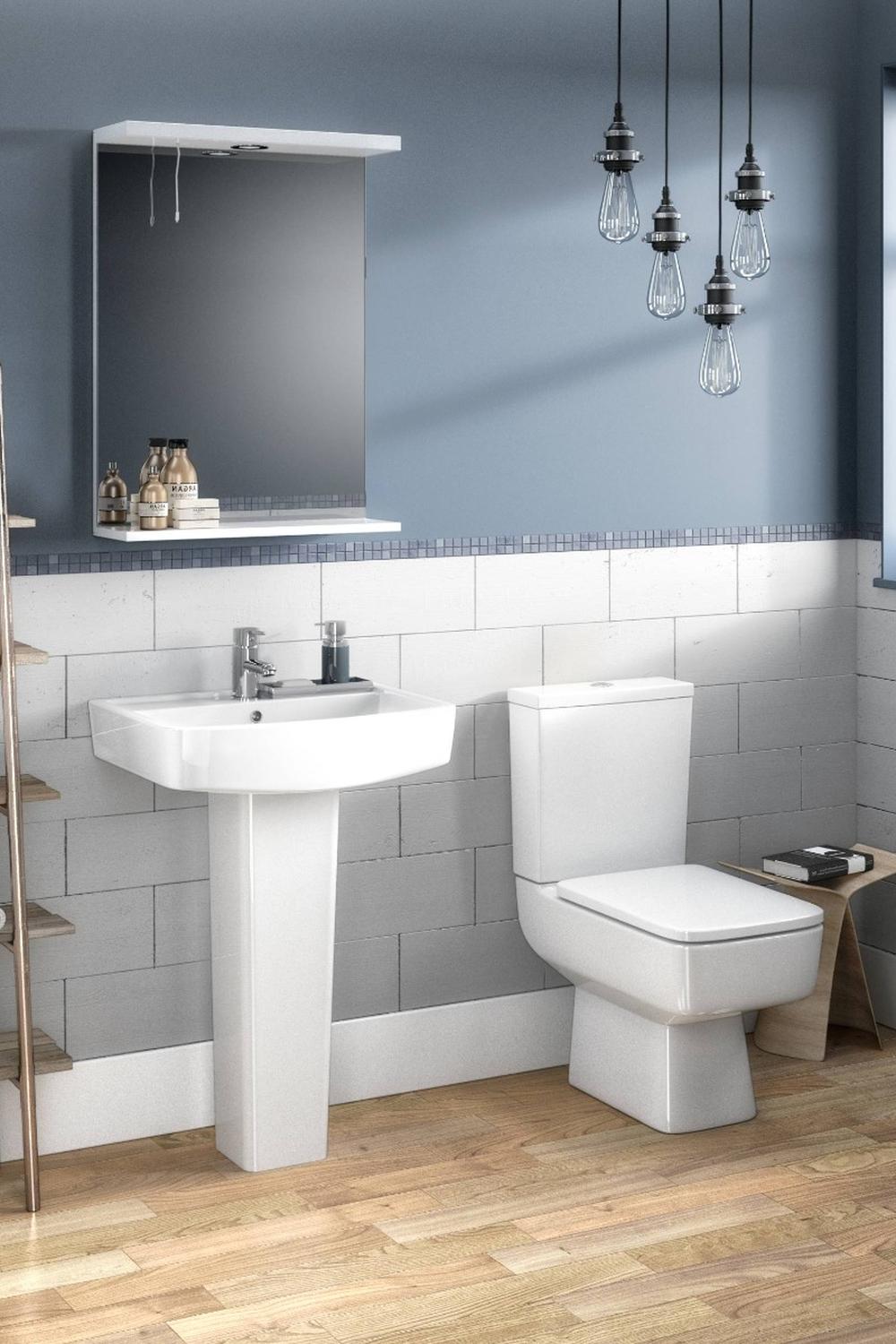 Contemporary and artsy blue and gray bathroom