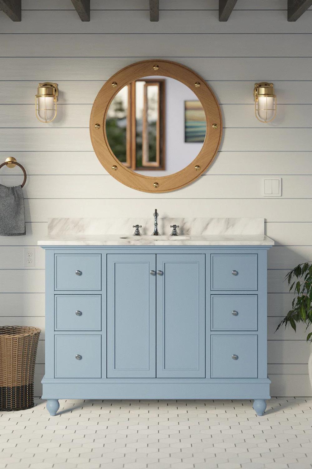 Lavabo contemporáneo en azul claro con encimera de mármol