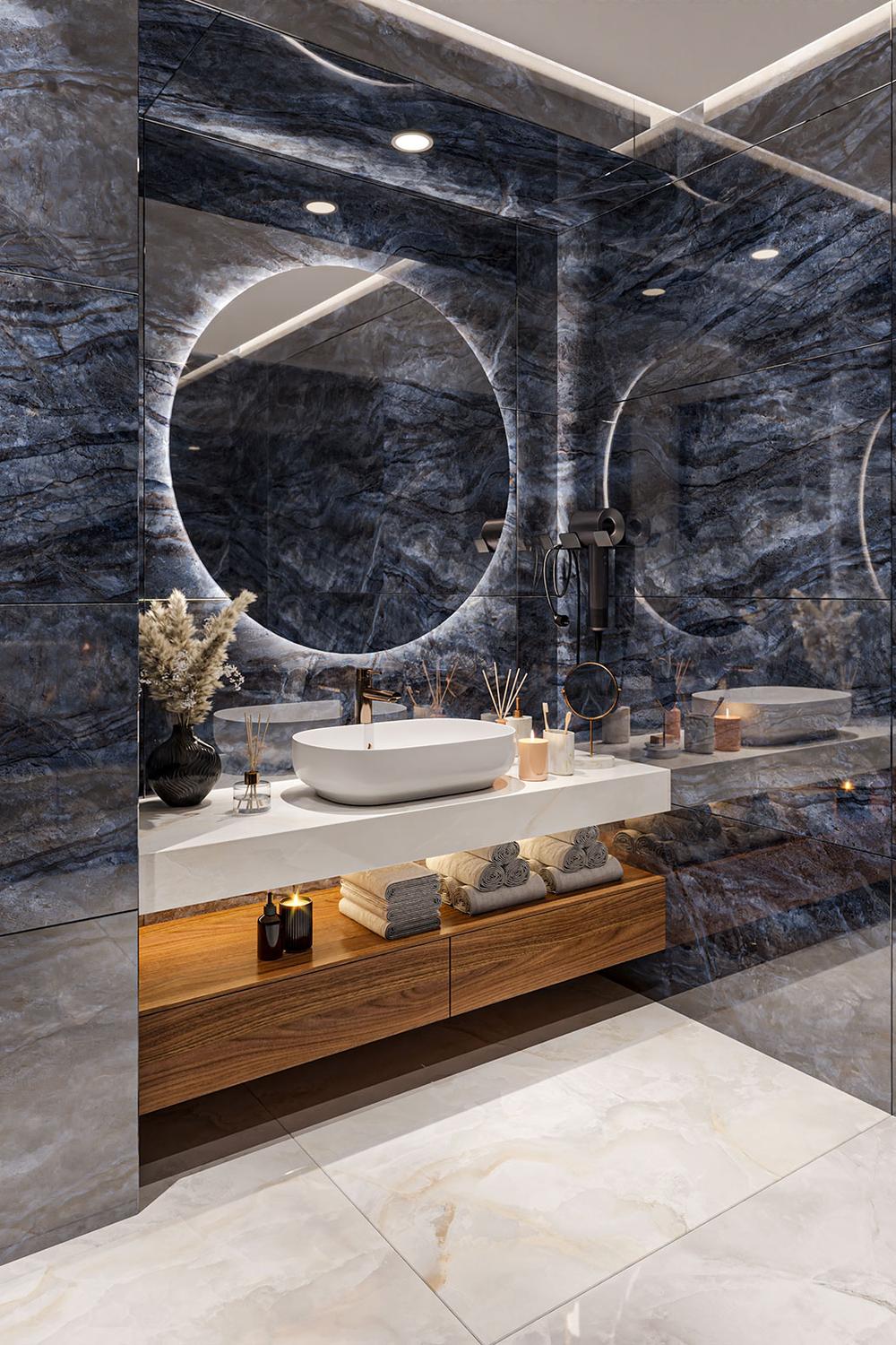 Baño de mármol azul con diseño elegante y contemporáneo