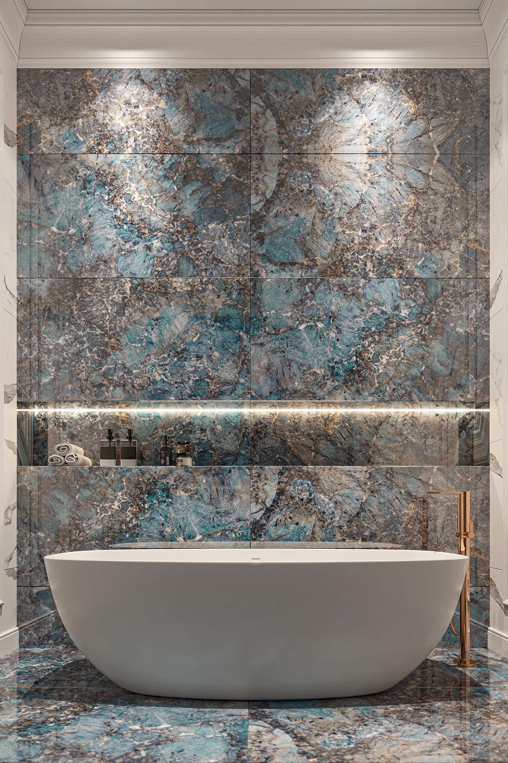Baño de mármol azul vibrante y elegante