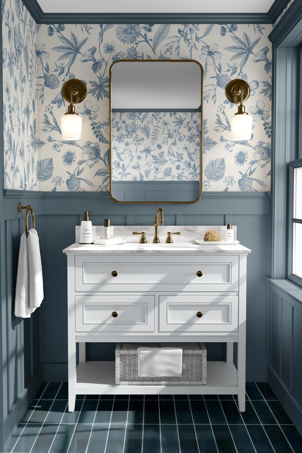 Baño armonioso con papel pintado y materiales elegantes