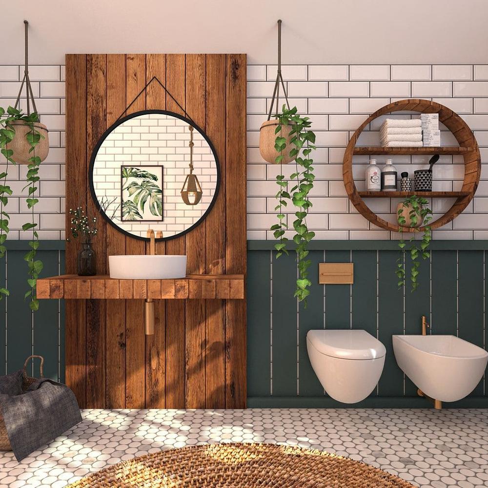 A bohemian bathroom featuring a wooden accent wall and large round mirror.