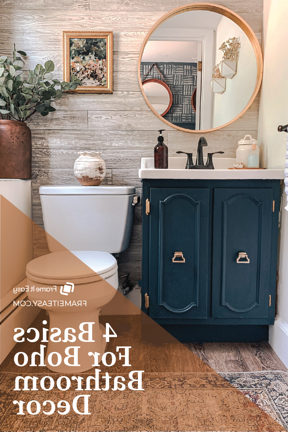 A bohemian bathroom with deep blue vanity and charming decorative elements.