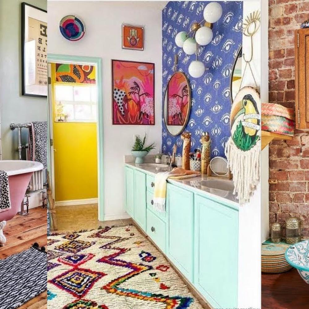 A bohemian-style bathroom featuring vibrant wallpaper and a mint green vanity.