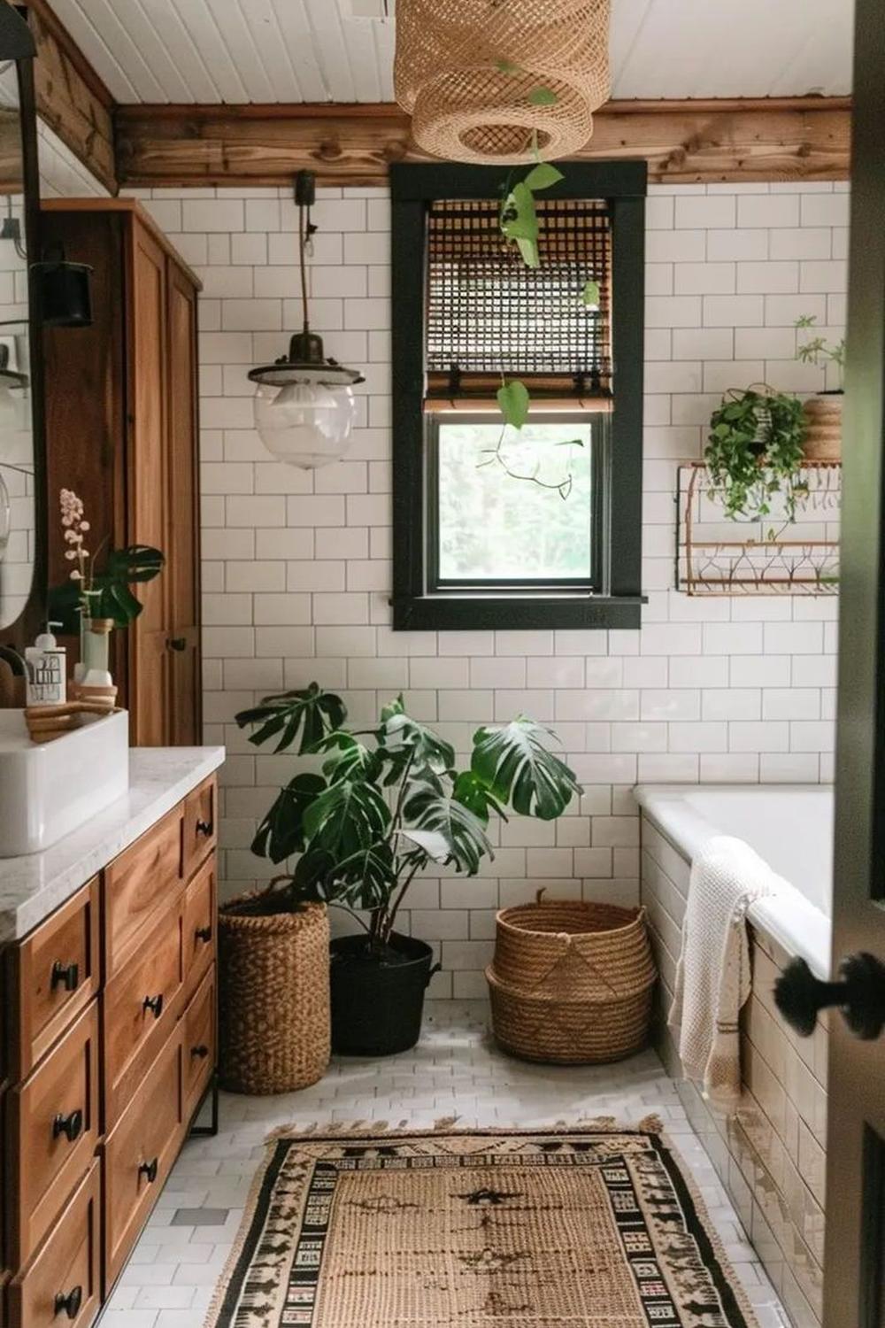 Baño boho acogedor con plantas y textiles naturales
