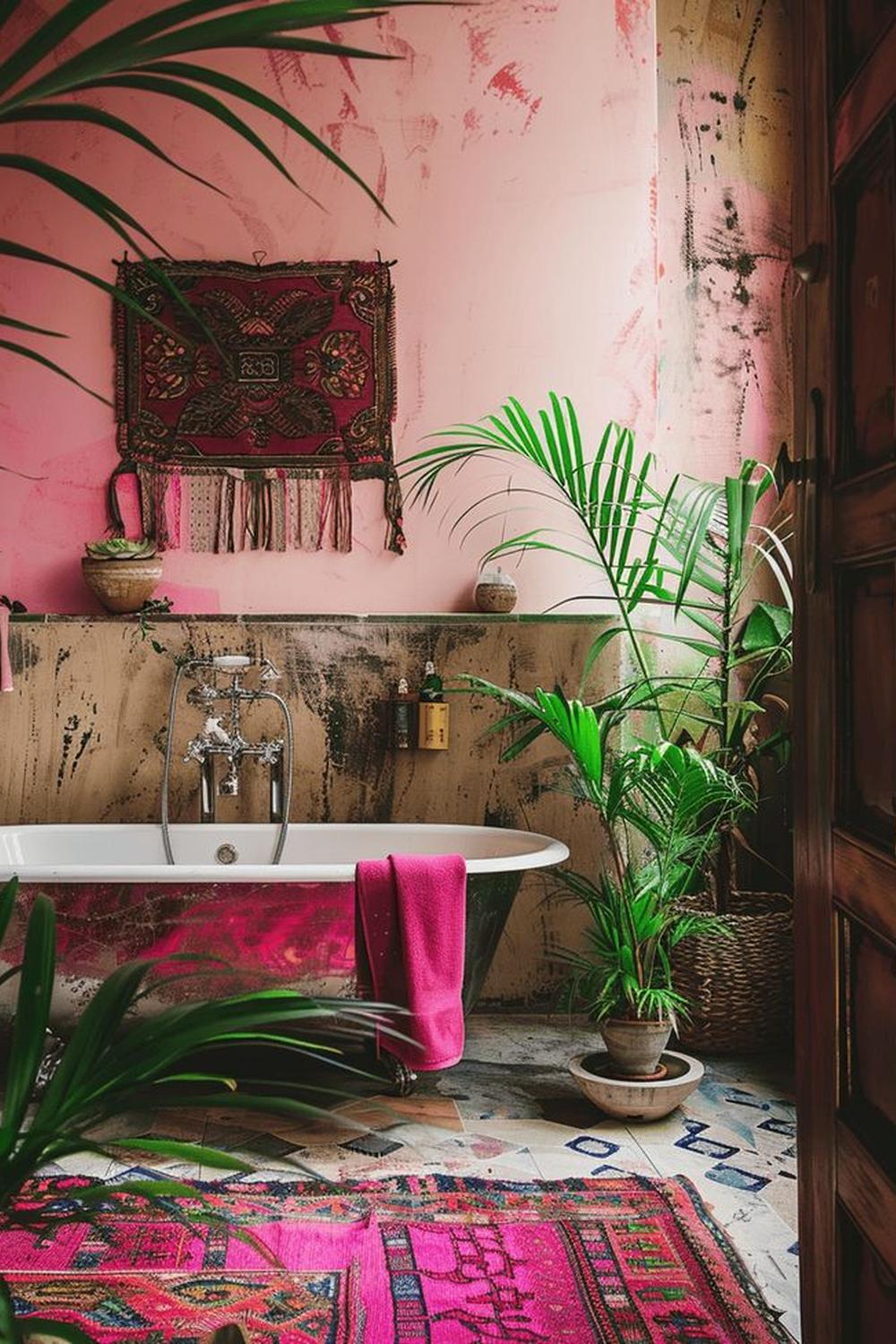 Charming vintage-inspired bathroom featuring a freestanding bathtub, warm lighting, and eclectic decor.