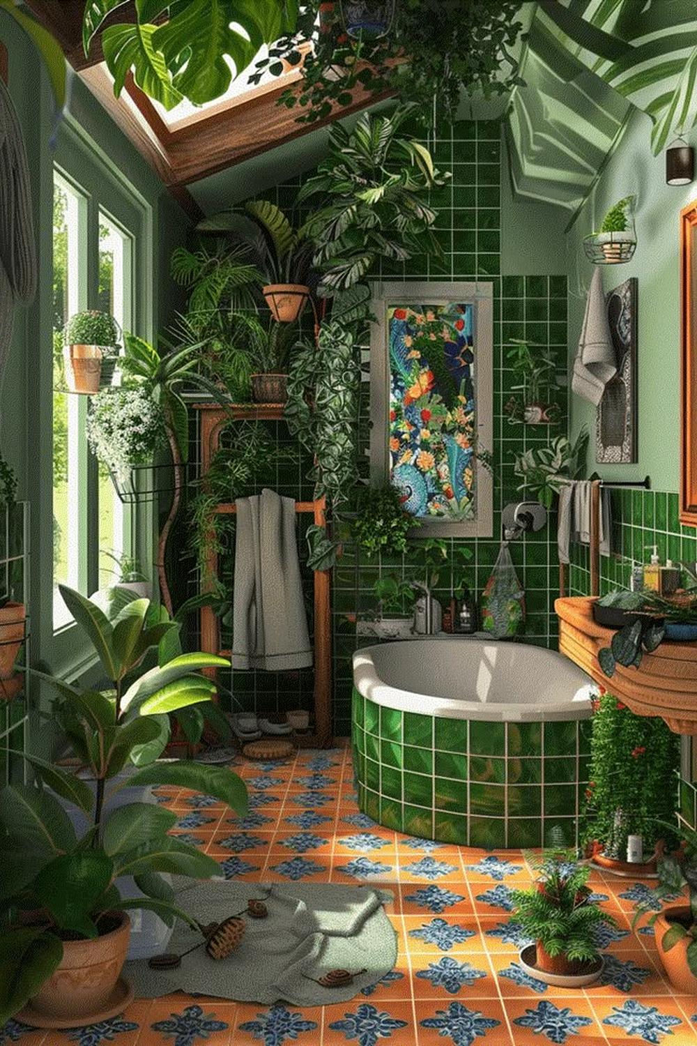 A boho chic bathroom characterized by lush green aesthetics and natural elements.