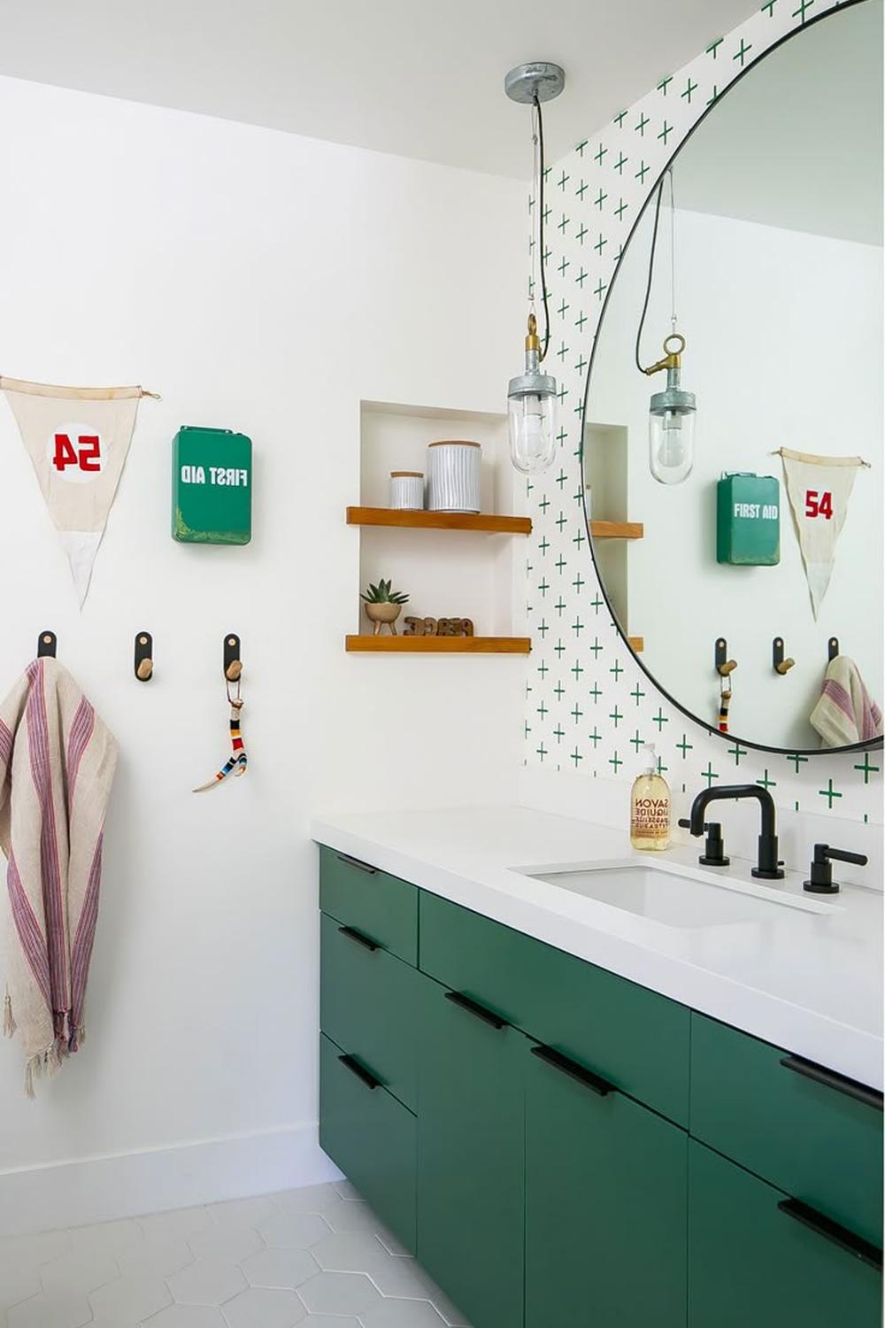A crisp, clean boys bathroom showcasing functional elements