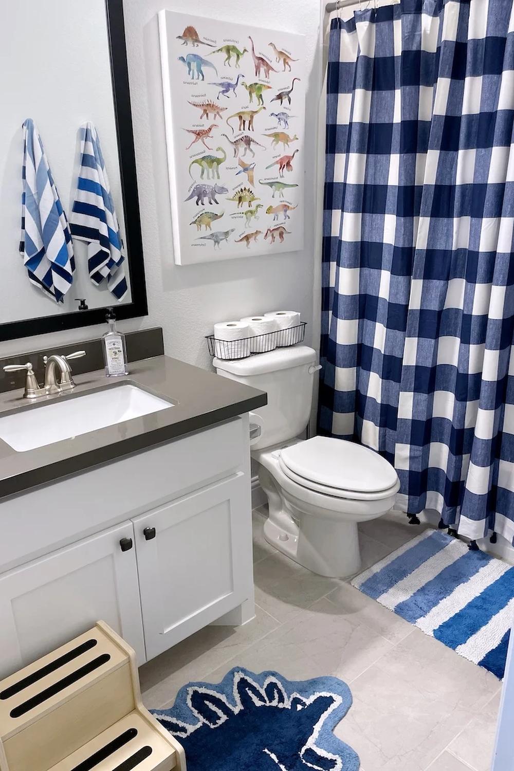 Creative boys bathroom with playful blue and white checkered accents.