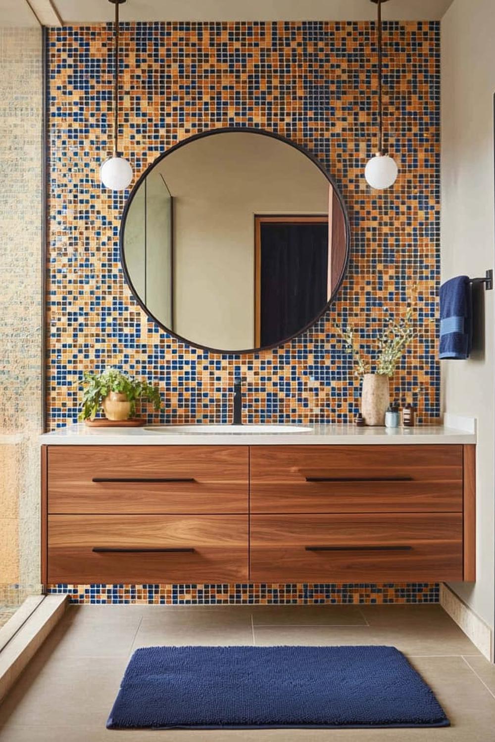 Baño vibrante con murales de mosaico