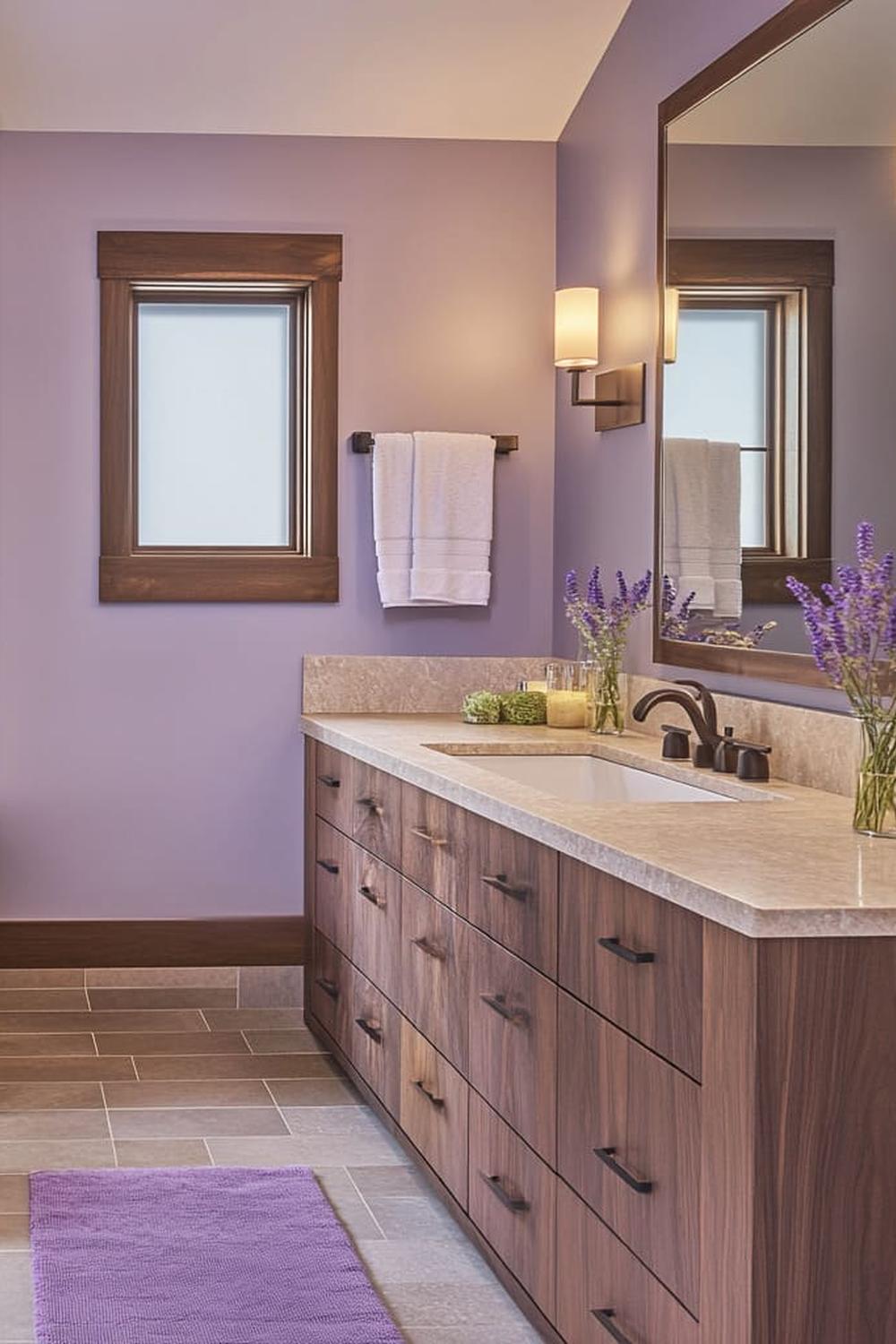Baño sereno con tonos púrpura y marrón