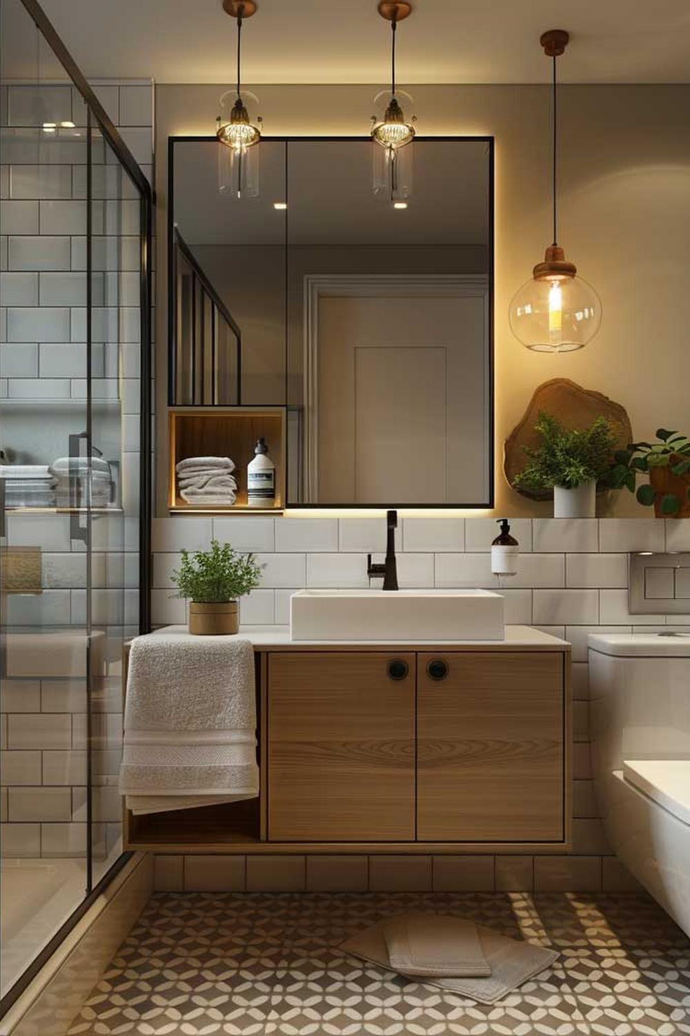 Baño moderno con una mezcla de funcionalidad y diseño contemporáneo.