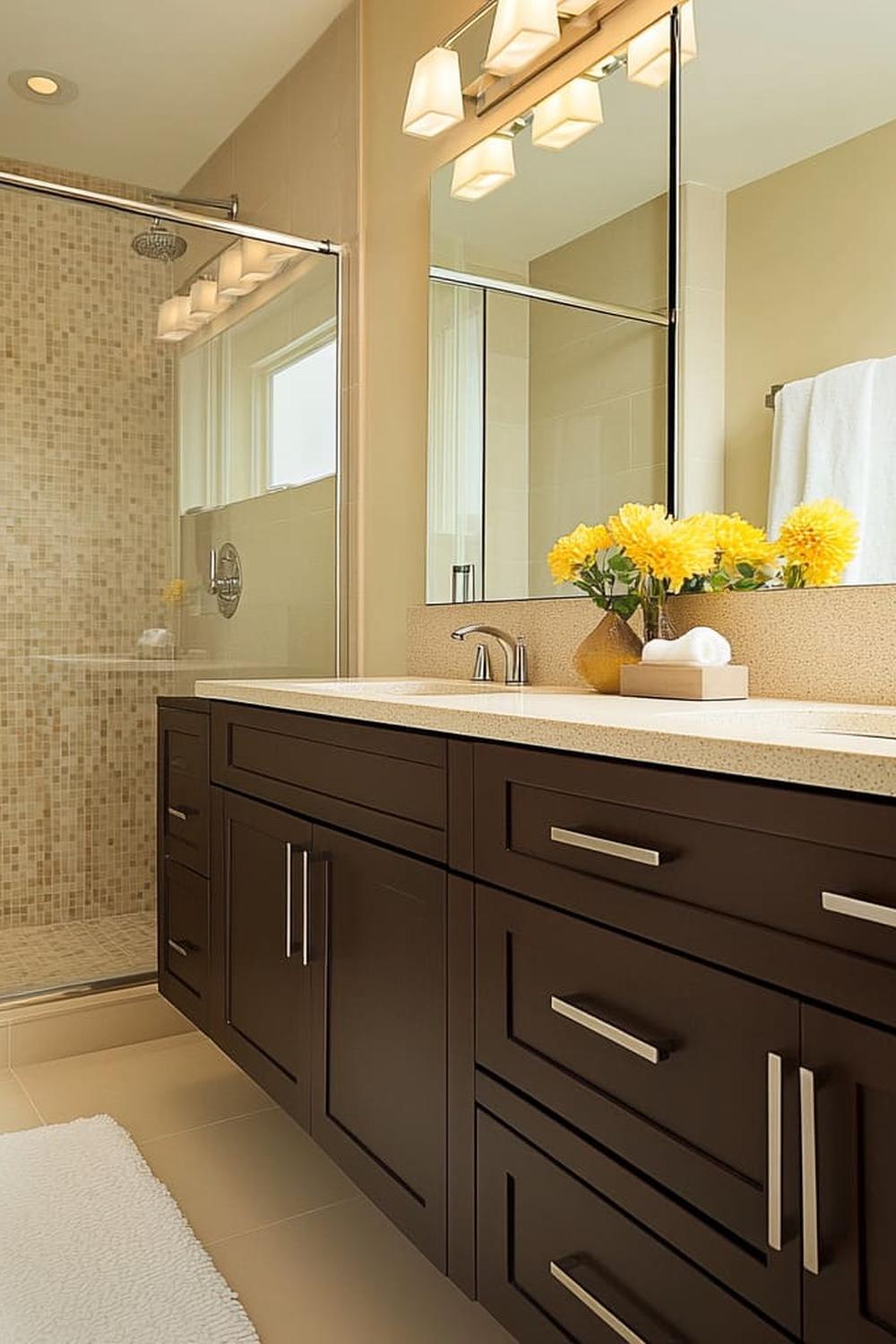 Cohesive design in a warm brown contemporary bathroom.
