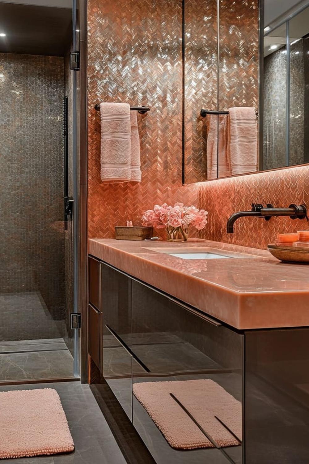 Baño contemporáneo de diseño en tonos marrones y rosas suaves.