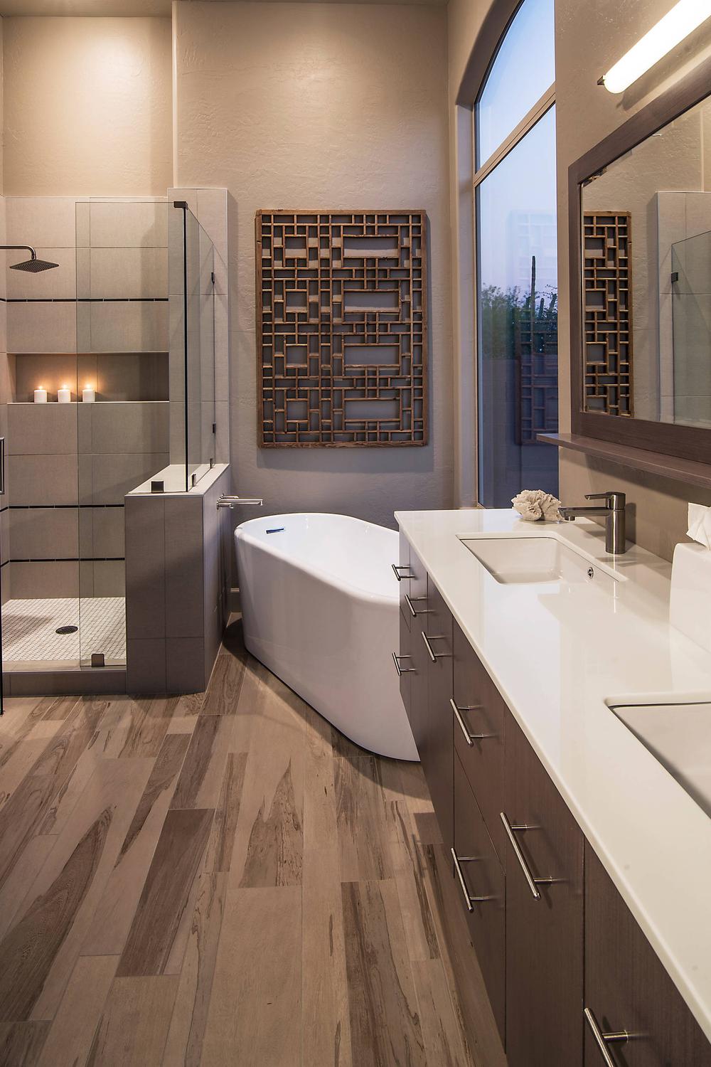 Spa-like ambiance in a contemporary brown bathroom design.