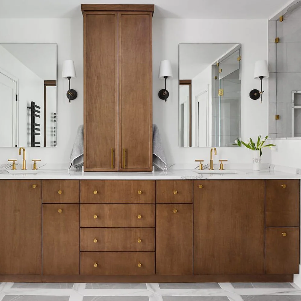 Contemporary Bathroom Design with a Brown Vanity Featuring Open Shelves for Stylish Storage