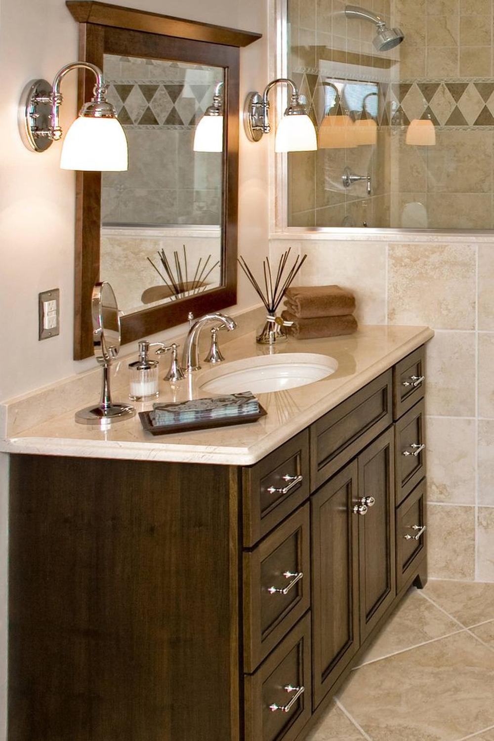 Relaxing Retreat Featuring a Brown Vanity with Natural Elements Incorporated