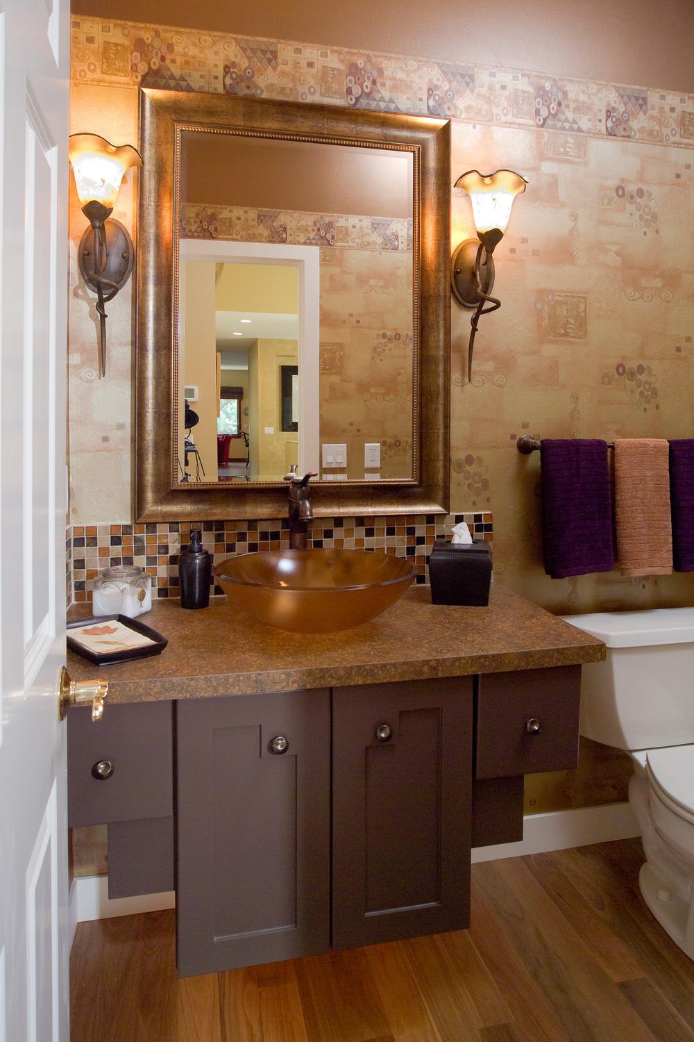 Stylish Storage Solutions in a Bathroom Design Featuring a Functional Brown Vanity