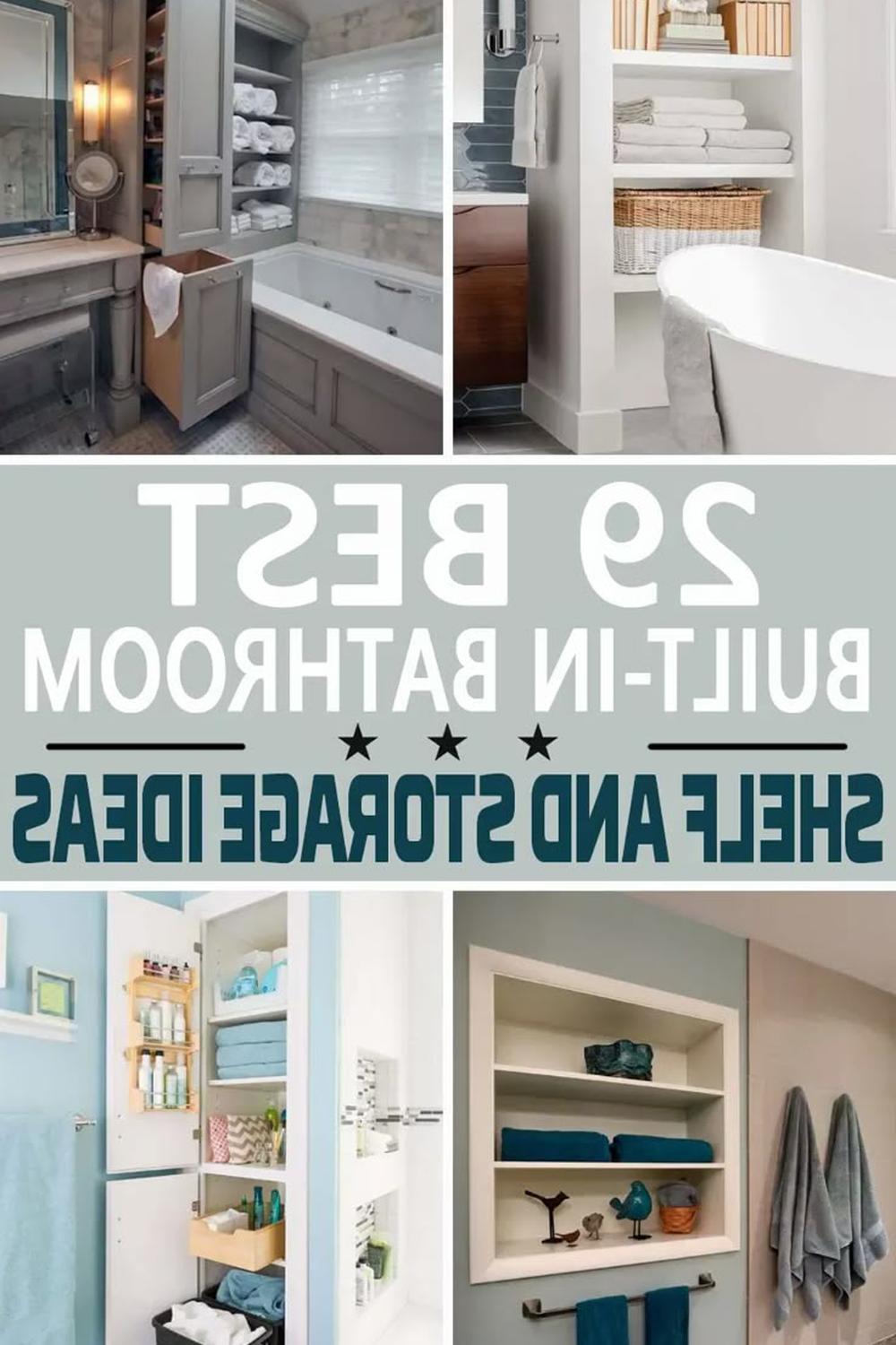 Crafty bathroom with multiple storage solutions combining cabinetry, shelving, and organized toiletries.