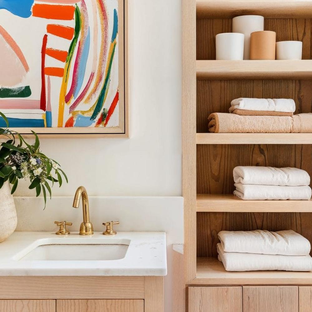 Stylish bathroom vanity with built-in shelves and decorative elements creating a modern space.