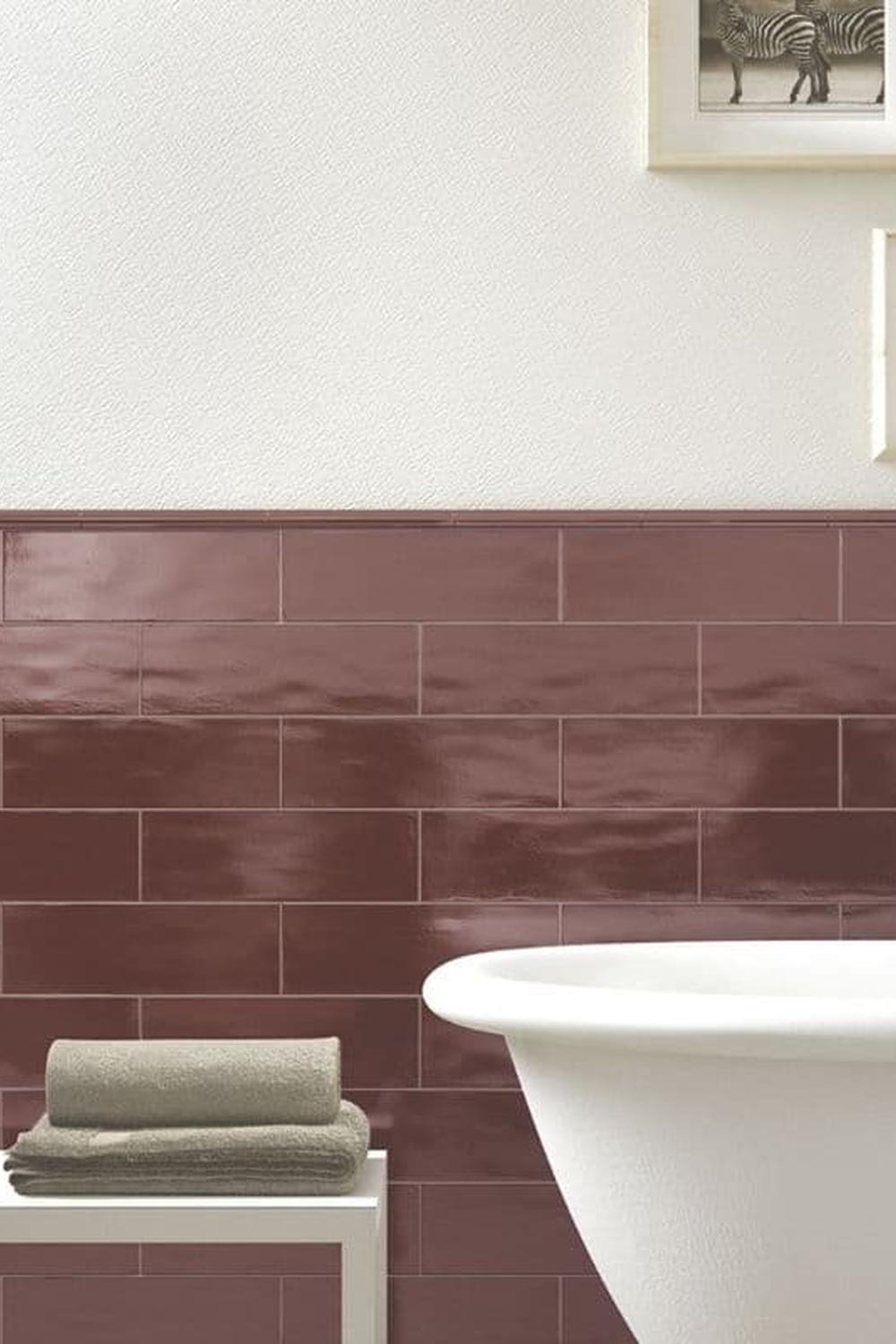 A playful bathroom design featuring burgundy tiles and artistic elements.